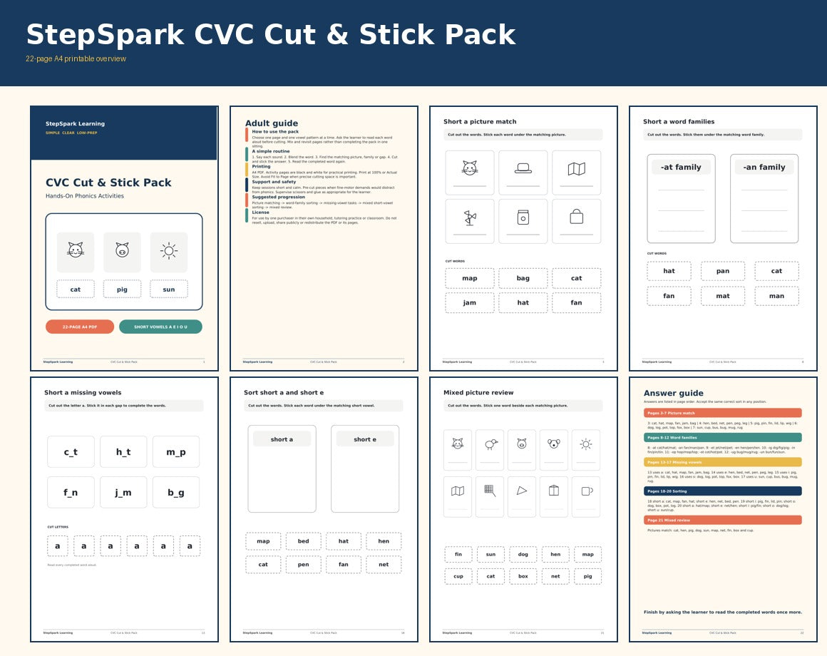 CVC Cut and Stick Pack worksheet overview